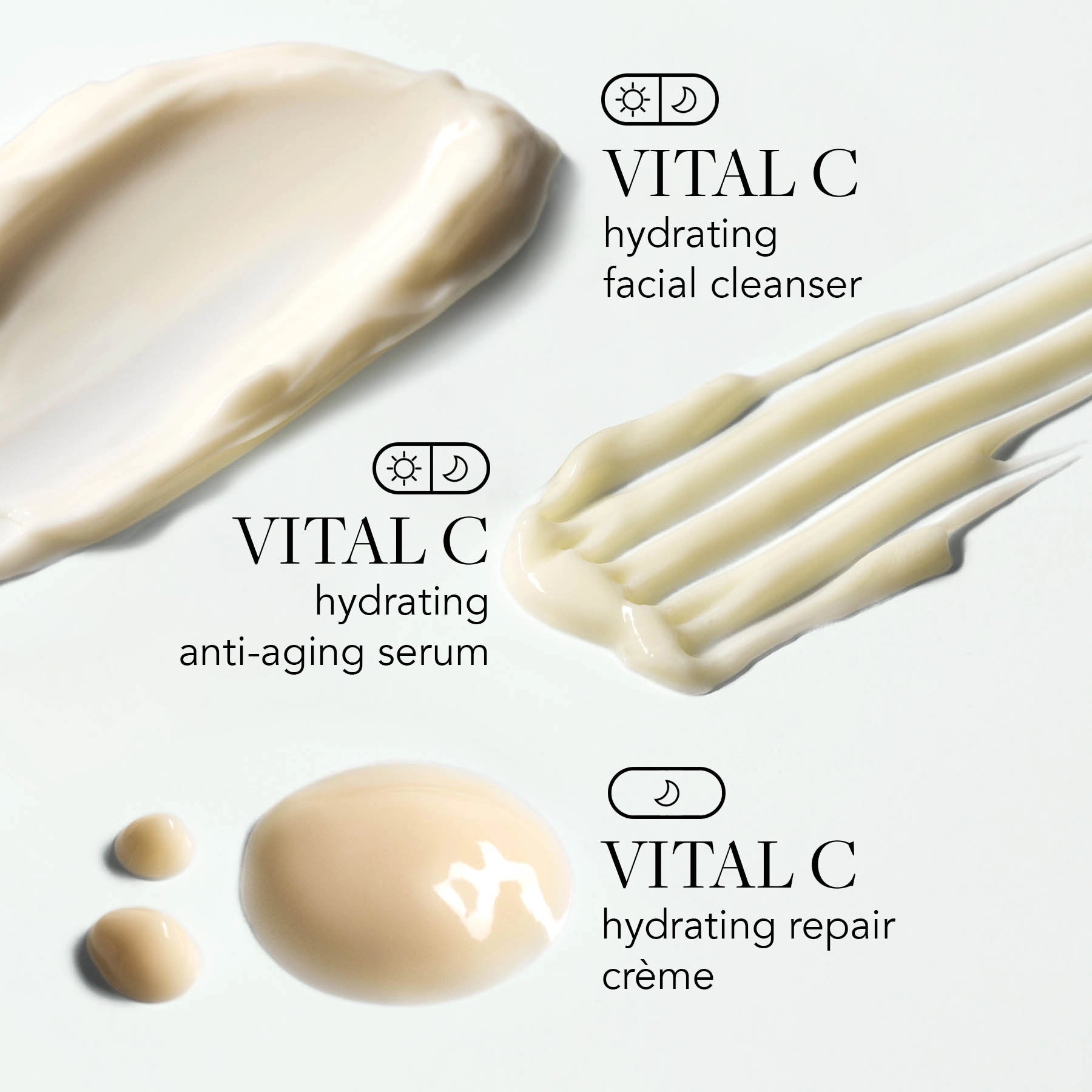 Vital C skincare products including cleanser, serum, and crème on a white background