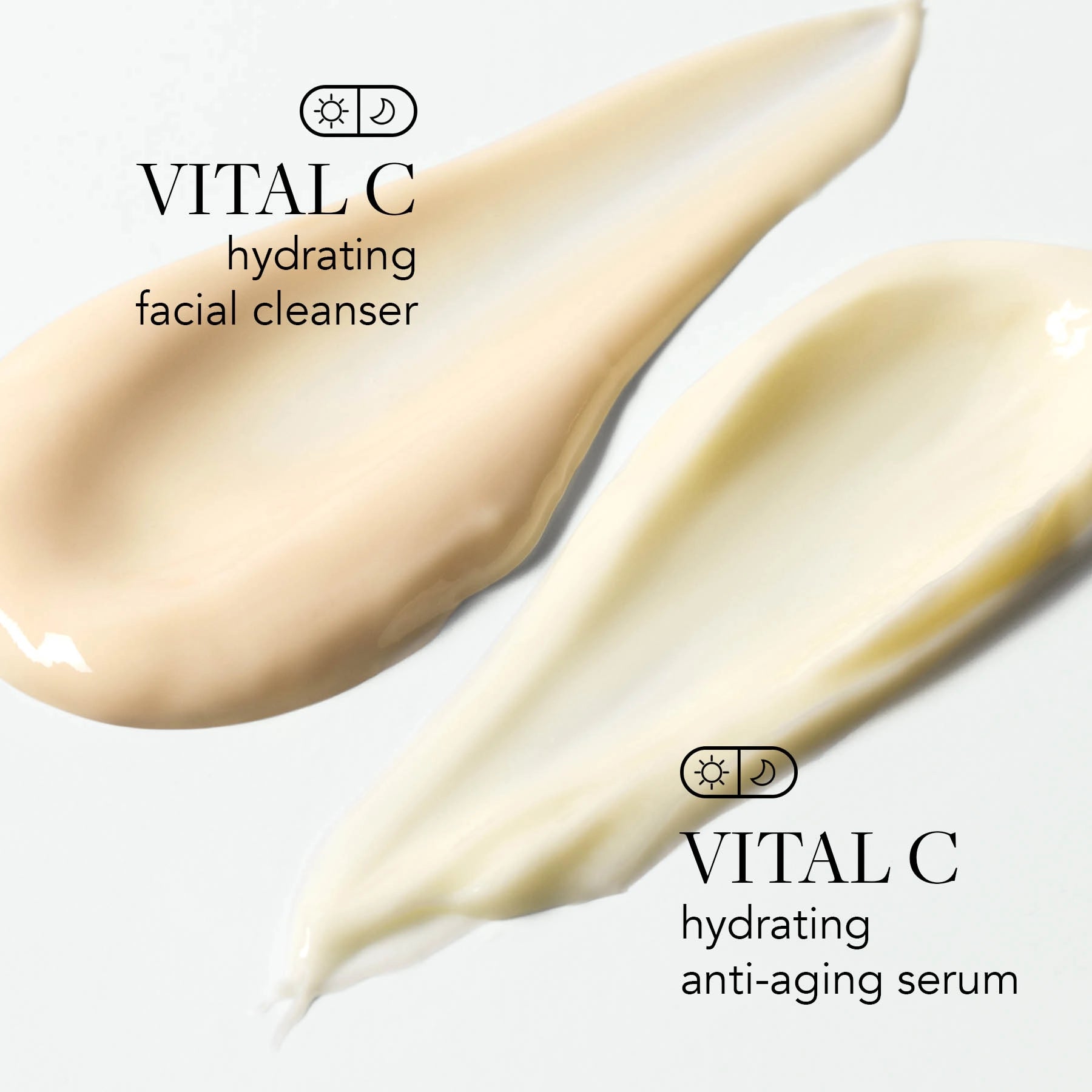 Two swatches of cream labeled 'Vital C hydrating facial cleanser' and 'Vital C hydrating anti-aging serum' on a white background.