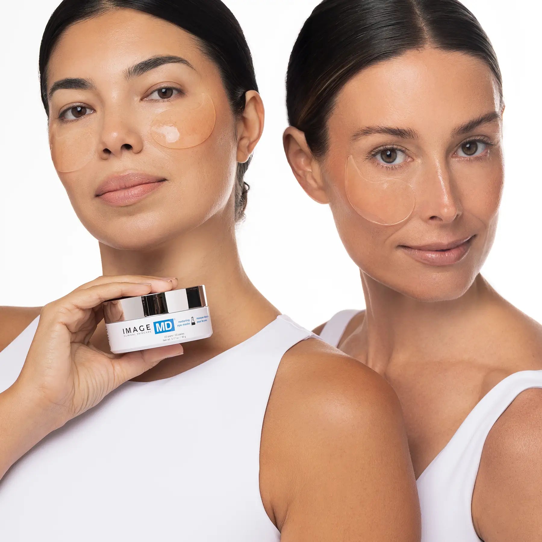 Two women with under-eye patches, one holding a jar of skincare product.