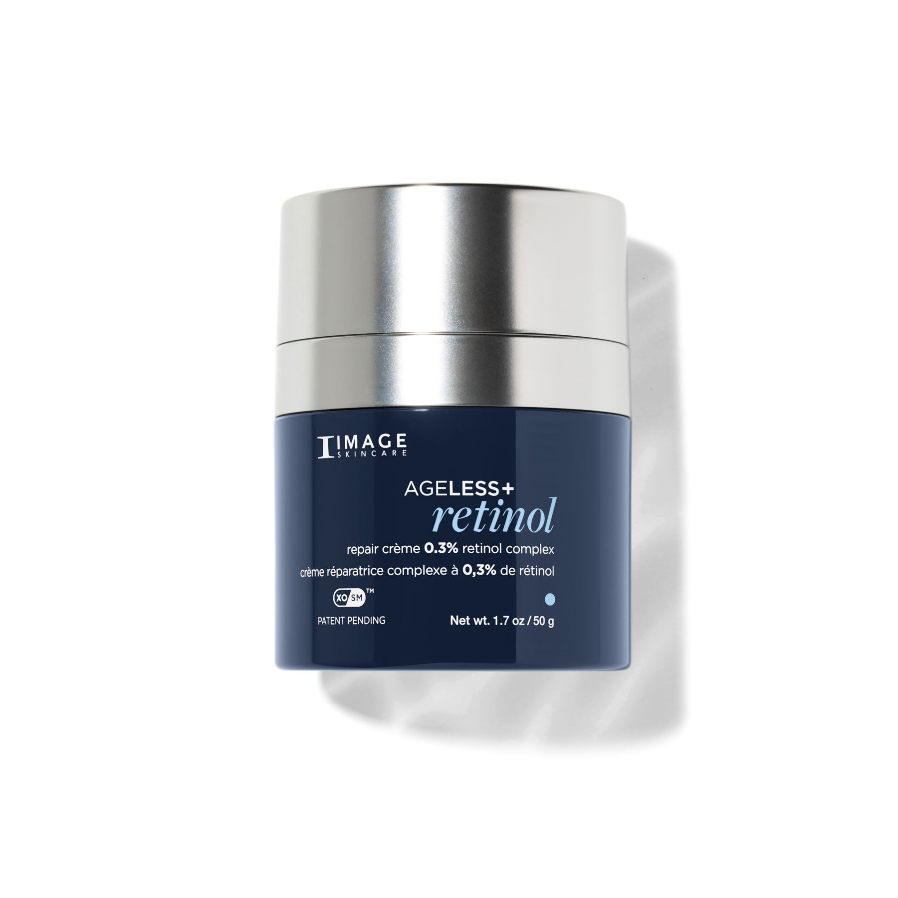 Cosmetic jar labeled 'IMAGE Skincare' with 'AGELESS+ retinol' on a white background