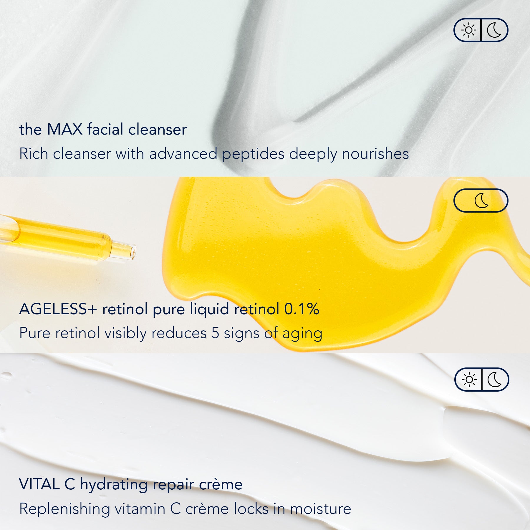 texture shot of each product with benefits of each