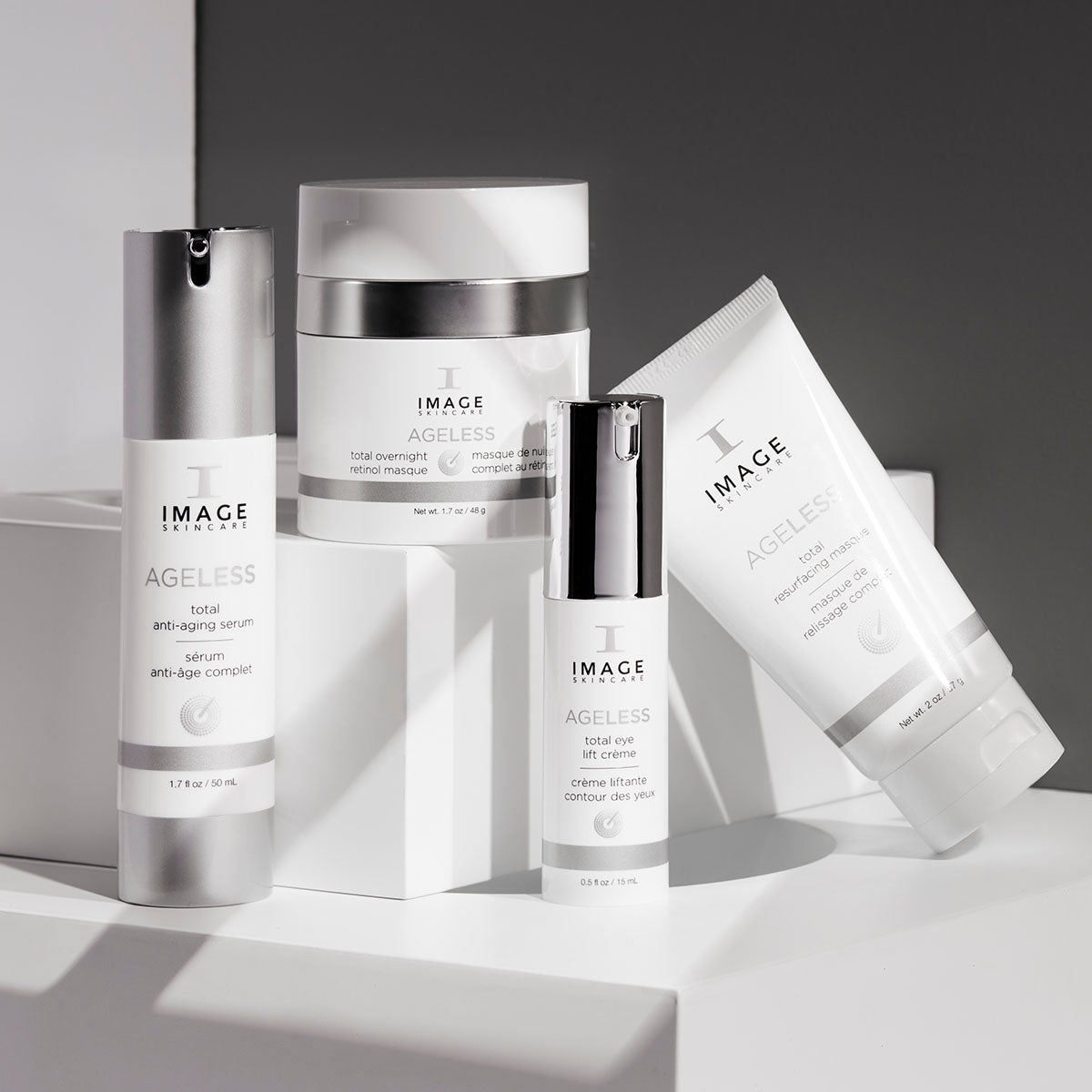 Ageless collection products on gray background