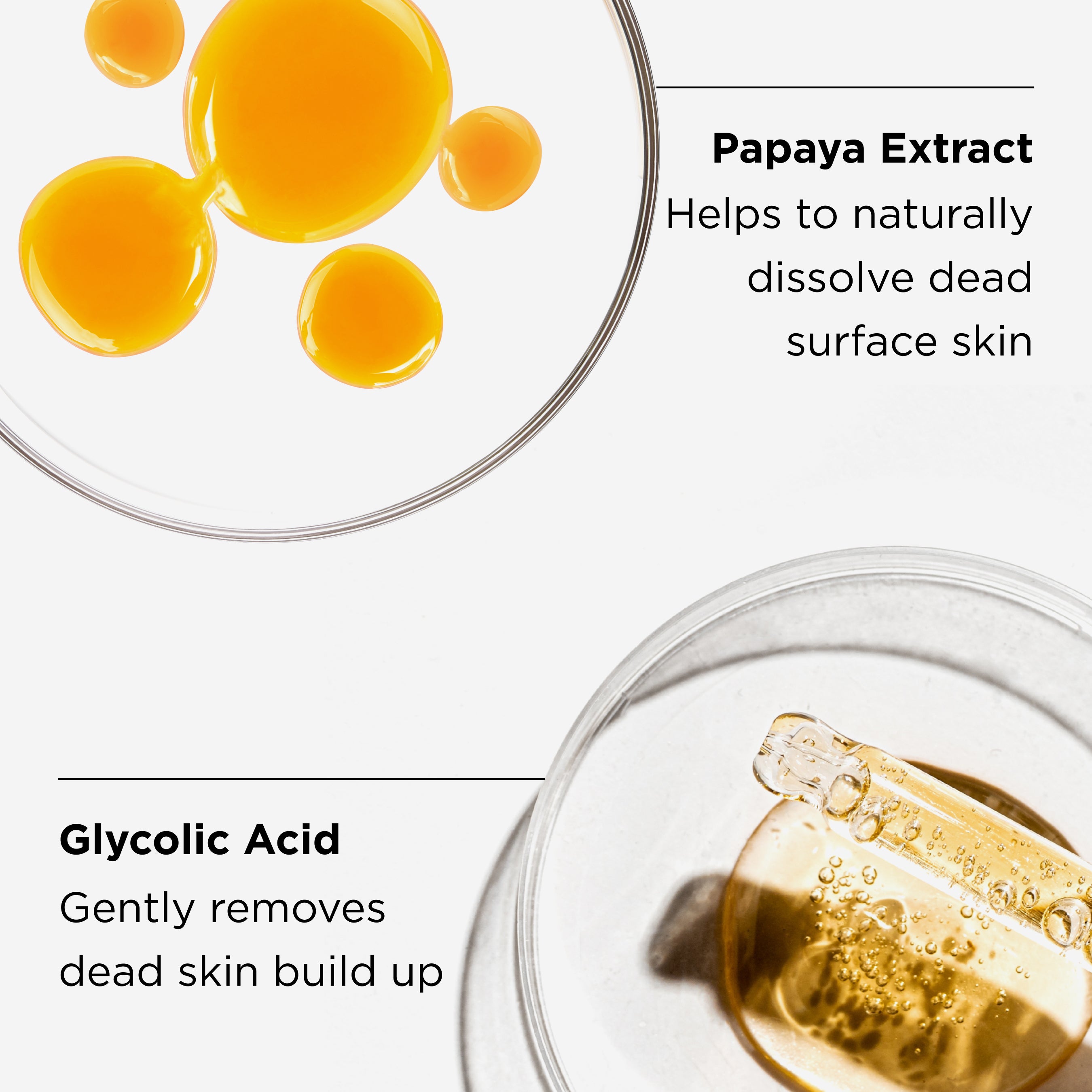 close up of papaya extract and glycolic acid ingredients in petri dish with benefits