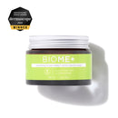 BIOME+ cream jar with green label and white cap on a white background, featuring Dermascope 2024 award badge.