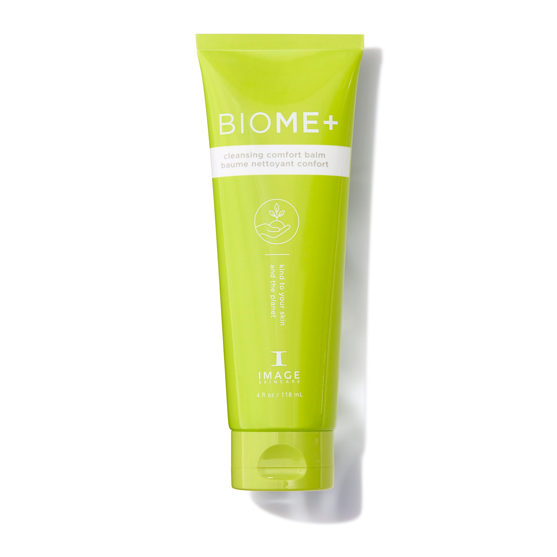 Green tube of BIOME+ cleanser on a white background