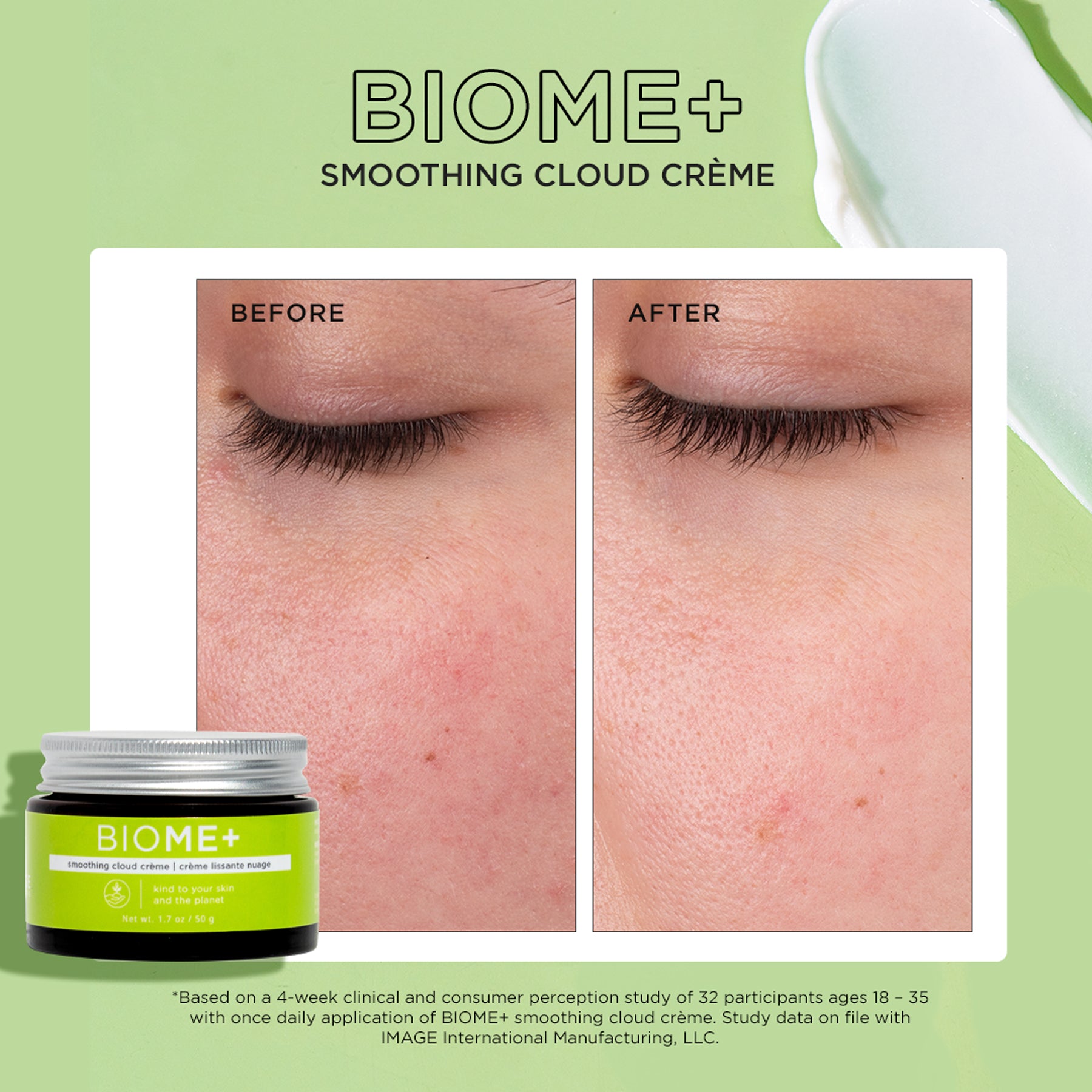 BIOME+ smoothing cloud creme before and after shots of model closed eye area showing results after 4 weeks