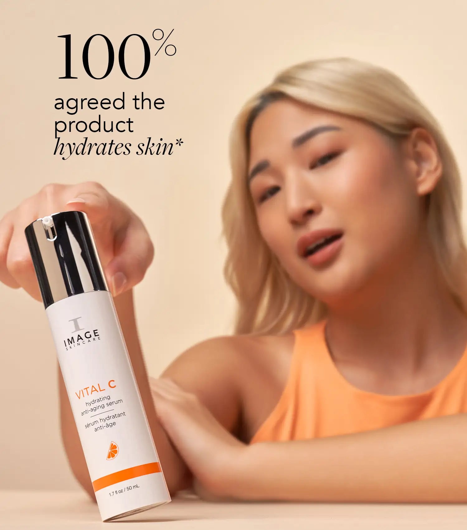 Vital C Serum with claim and model on it. 100% agreed the product hydrates skin.