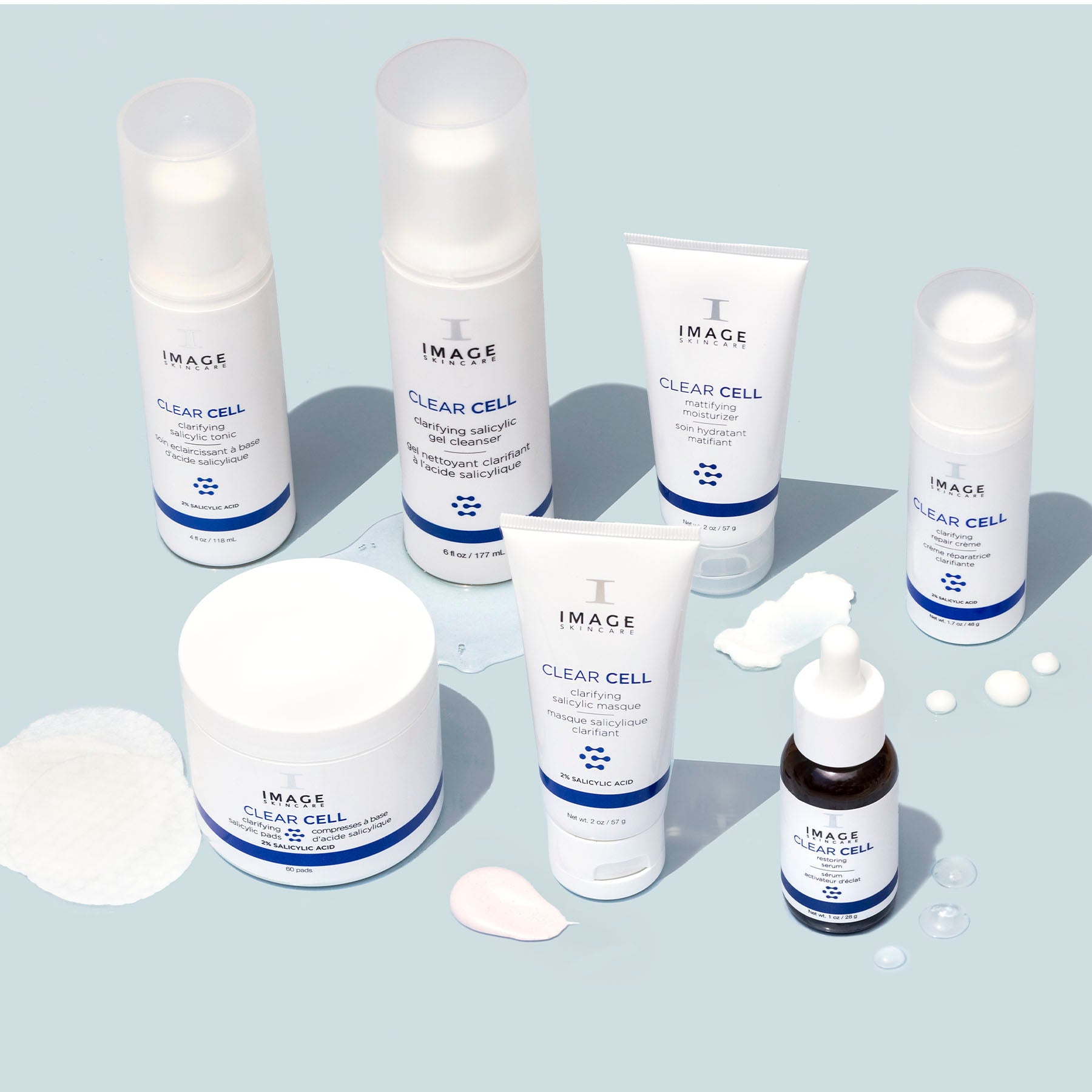 Full collection of clear cell products on blue background