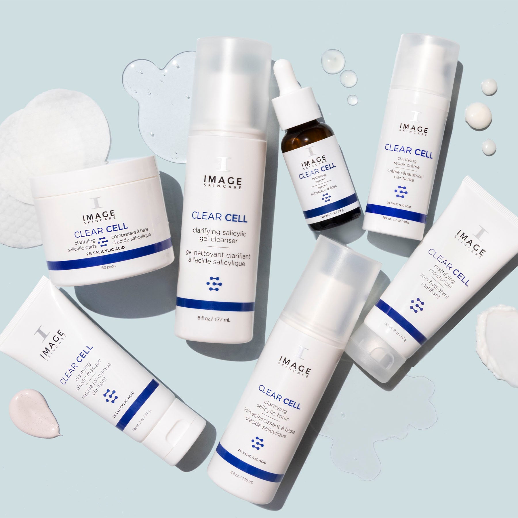 Full collection of clear cell products on blue background