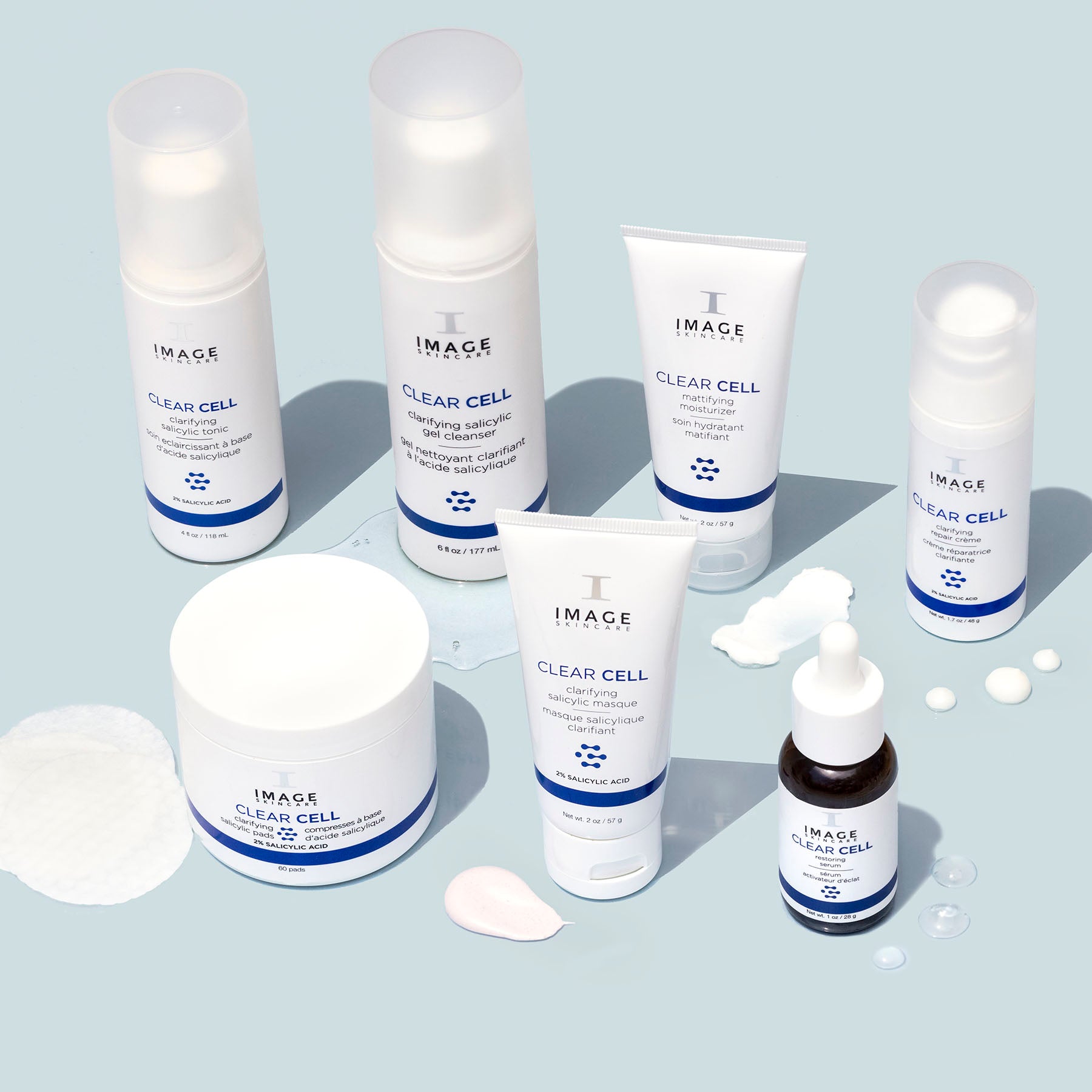 Full collection of clear cell products on blue background