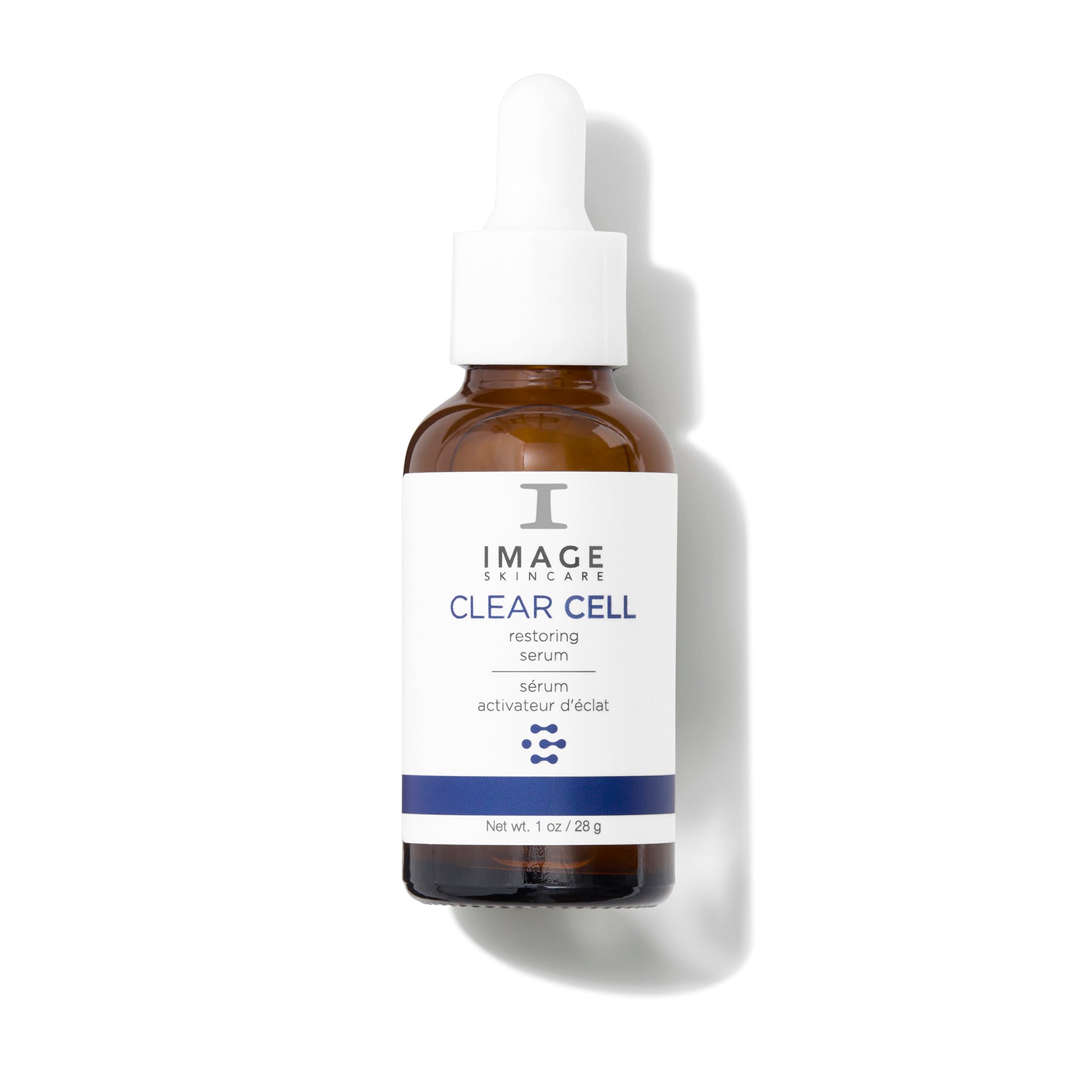 Skincare serum bottle labeled 'Clear Cell restoring serum' on a white background