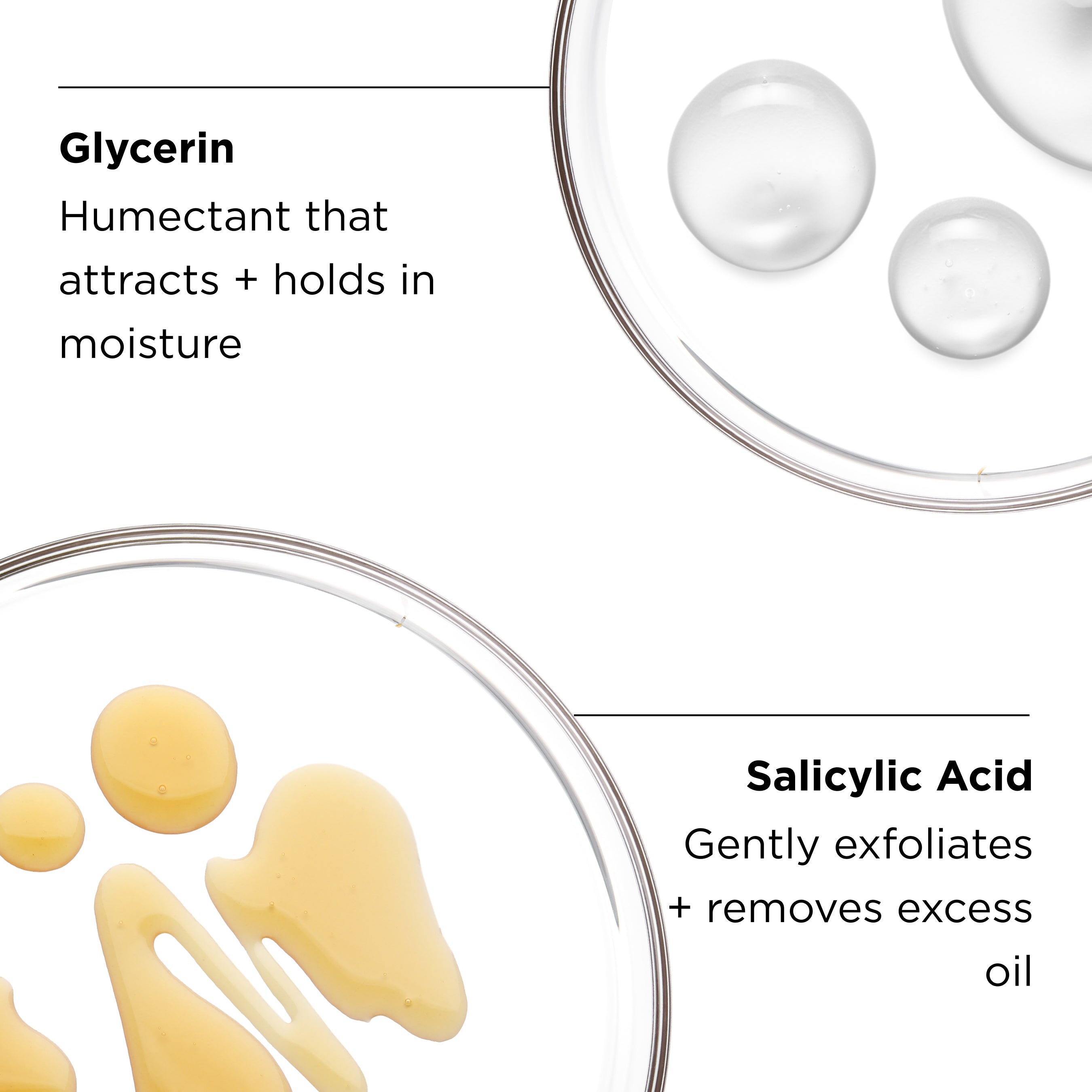 glycerin and salicylic acid ingredients in petri dishes + callouts with benefits
