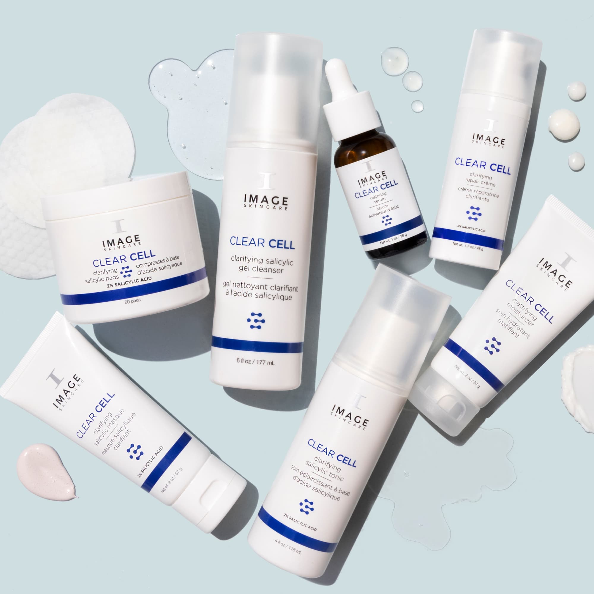 Full clear cell collection products on blue background