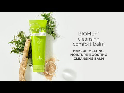 BIOME+ cleansing comfort balm informational video showing ingredients and model applying balm to face