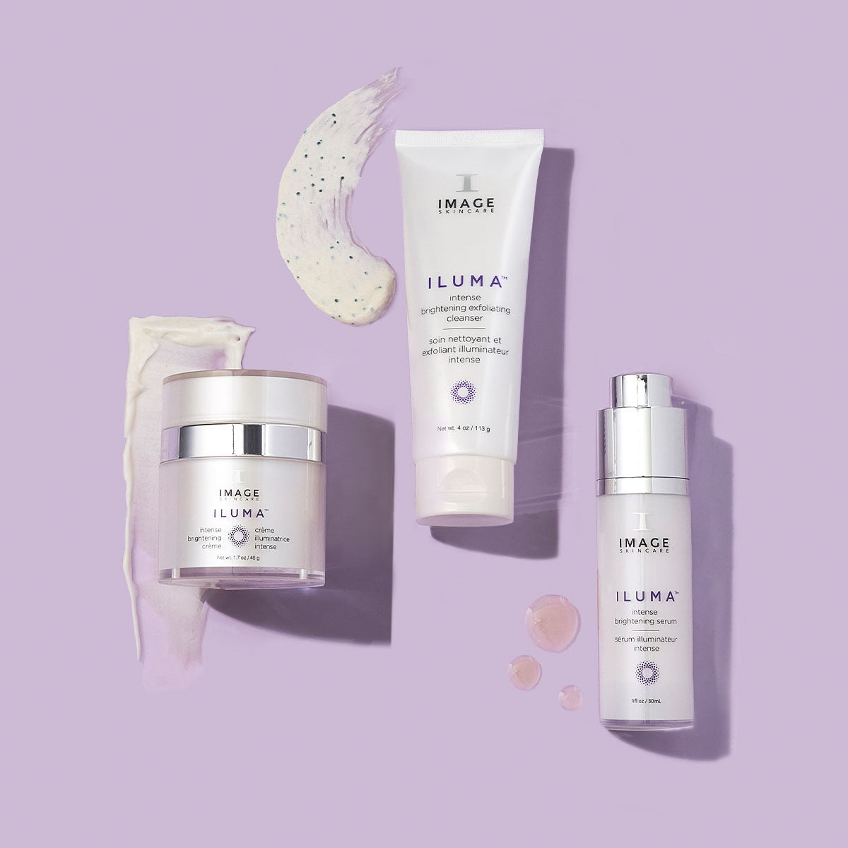iluma brightening creme, exfoliating cleanser, and intense brightening serum on purple background