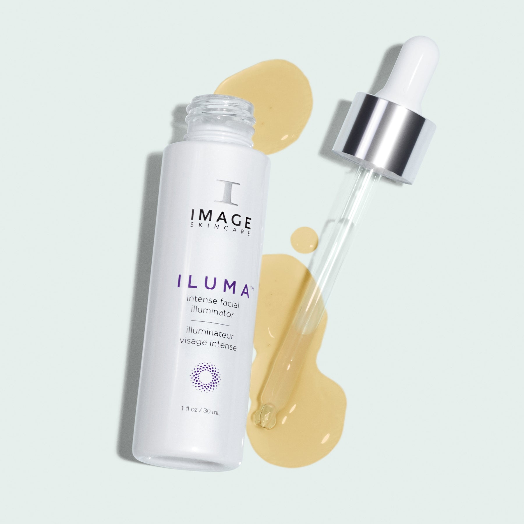 iluma intense facial illuminator open bottle with dropper dispensing serum next to it