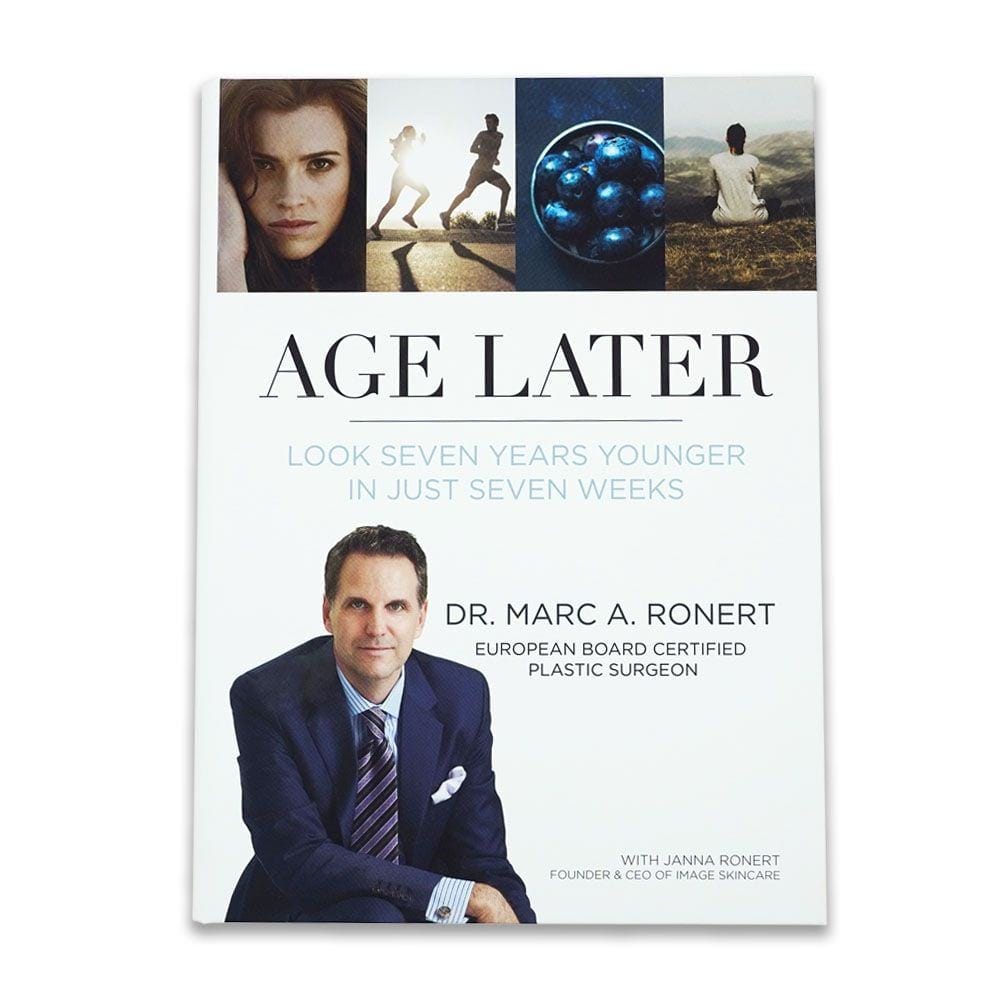 Book cover of 'Age Later' by Dr. Marc A. Ronert with a collage of images on a white background.