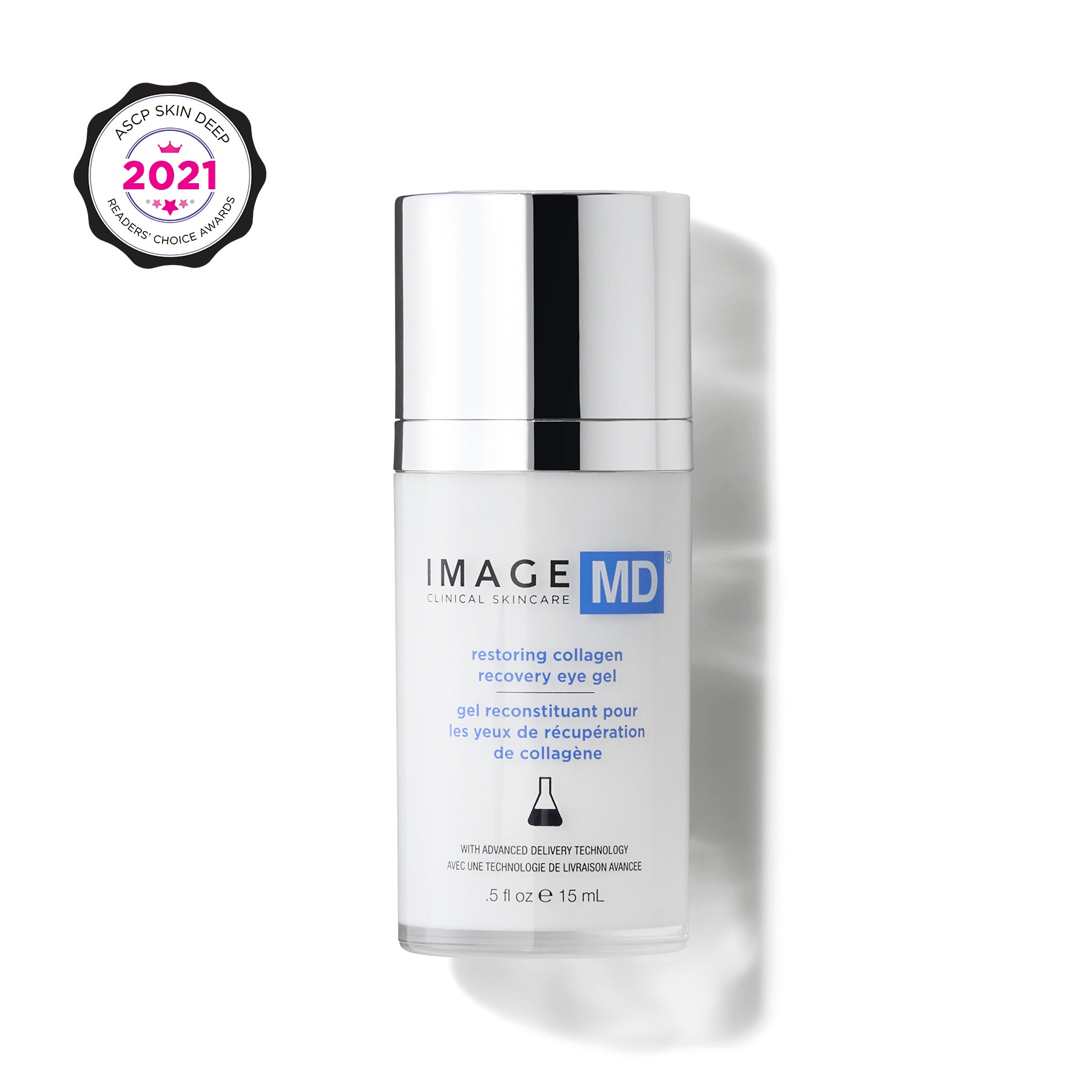 Skincare bottle labeled 'IMAGE MD restoring collagen eye gel' on a white background with an award badge.