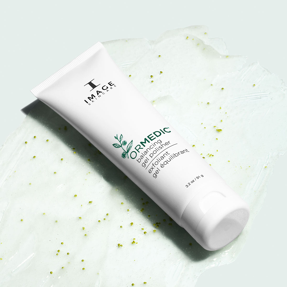 ormedic balancing gel polisher laying on top of product texture swatch on light background