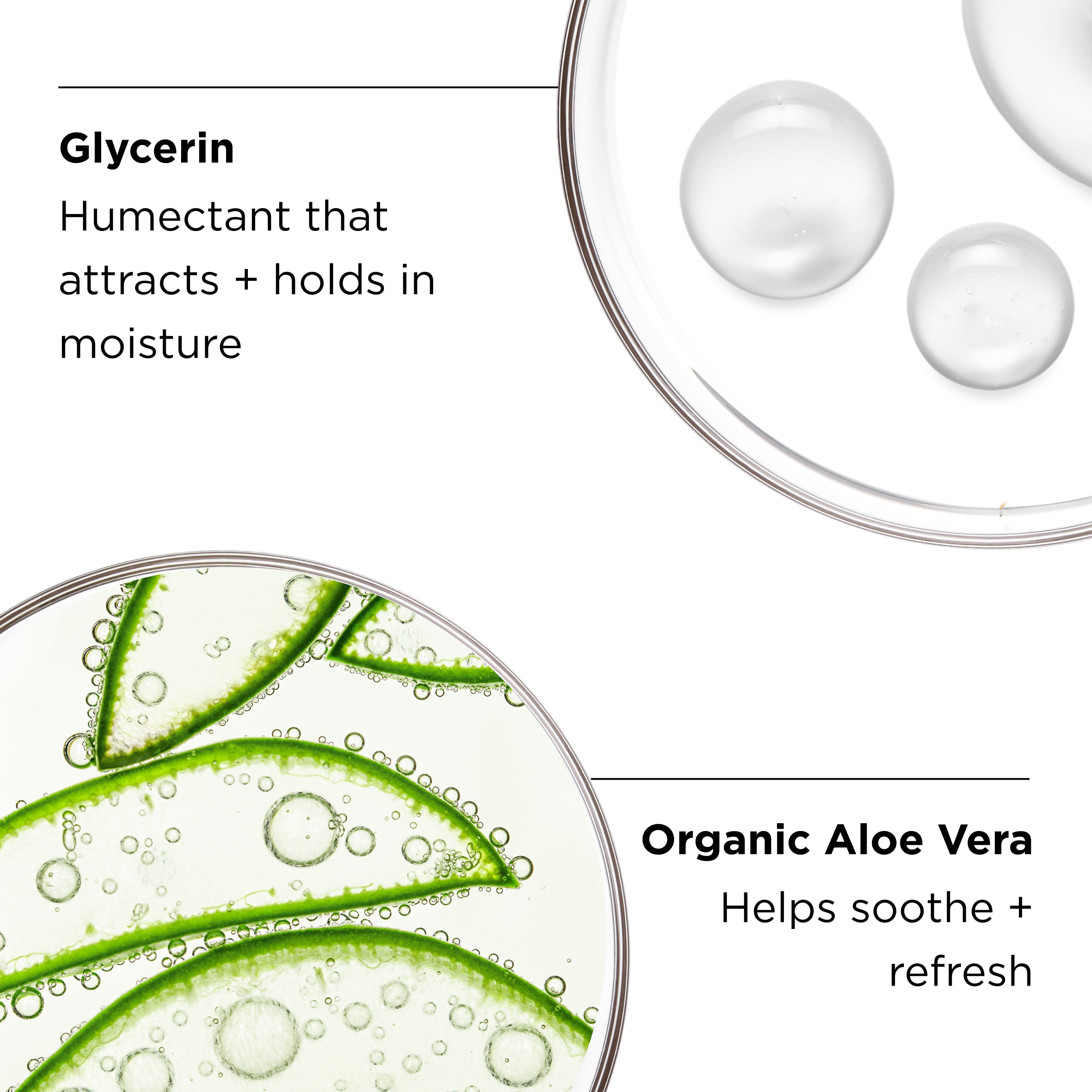 Glycerin and Organic aloe vera ingredients in petri dish with benefits callouts