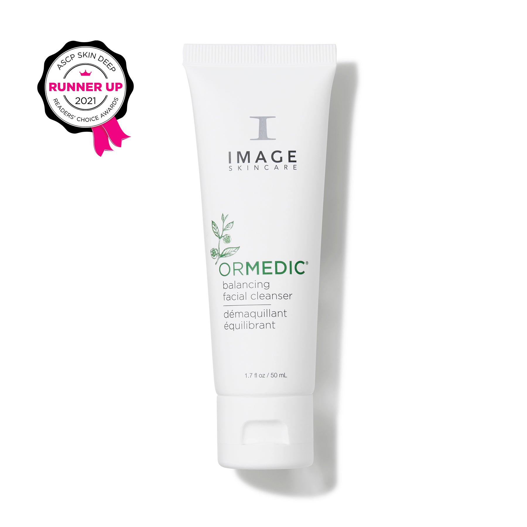 Tube of Image Skincare Ormedic Balancing Facial Cleanser on a white background with a 2021 ASCP Skin Deep award badge.