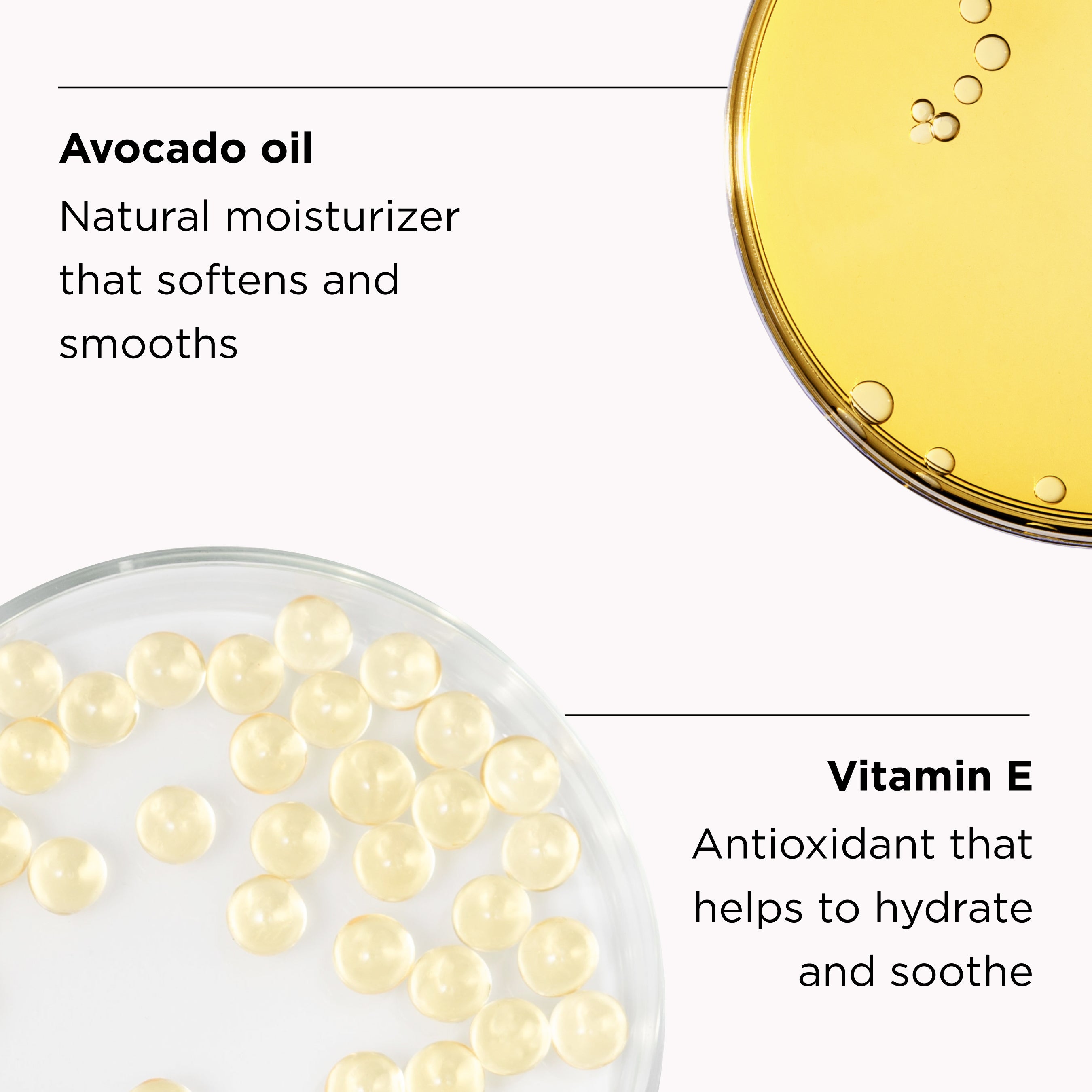 avocado oil and vitamin E ingredients in petri dish with benefits callouts