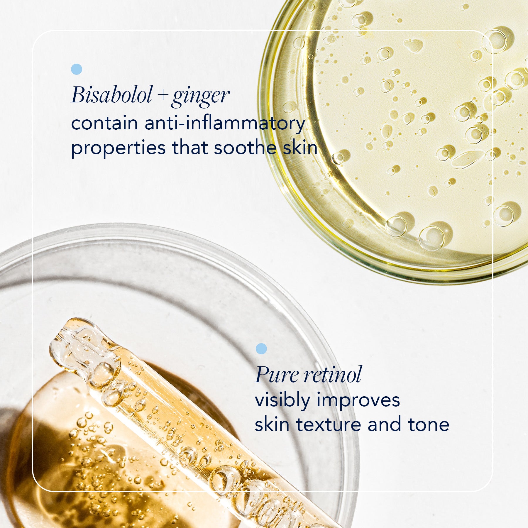 bisabolol + ginger, and pure retinol ingredients close ups with benefits featured