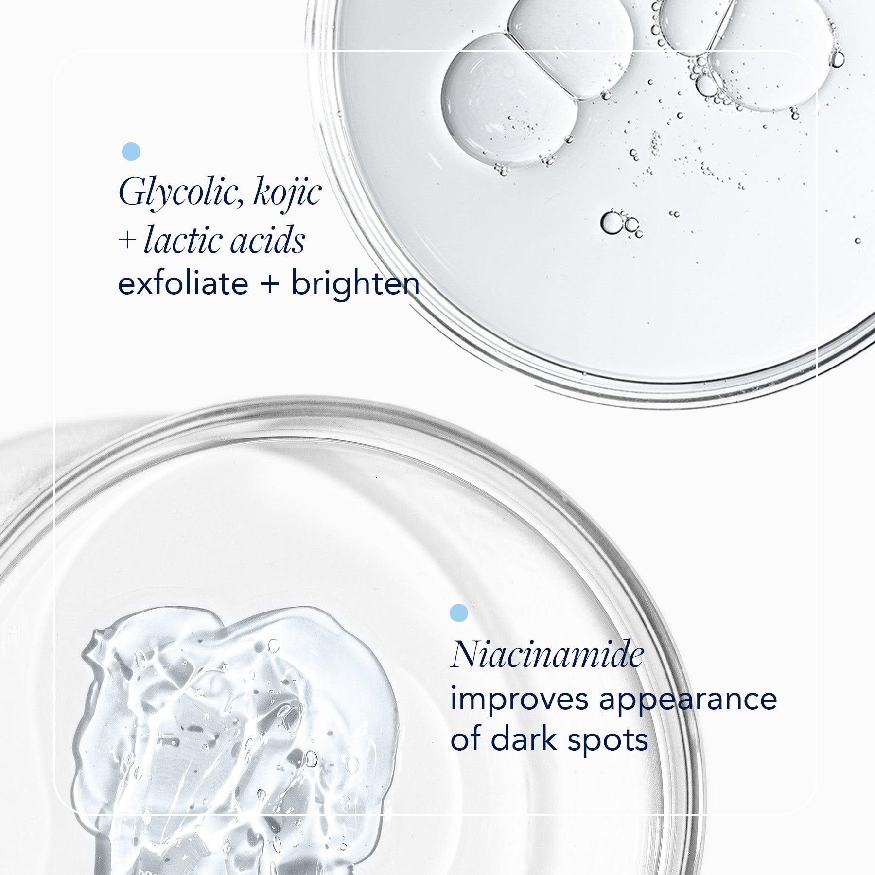Glycolic, kojic + lactic acids and Niacinamide benefits with petri dishes with ingredients in background