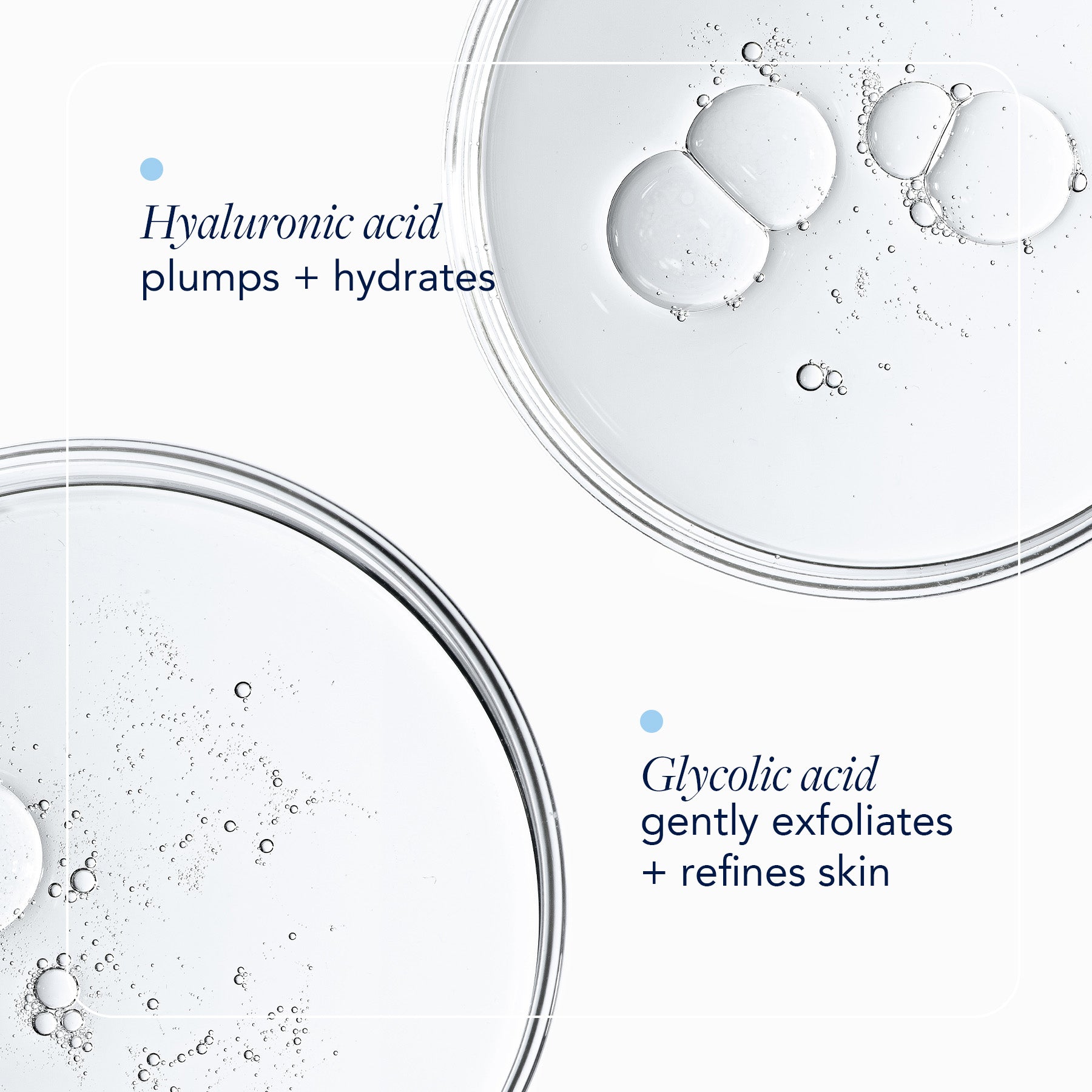 hyaluronic acid and glycolic acid benefits with petri dishes with ingredients in background