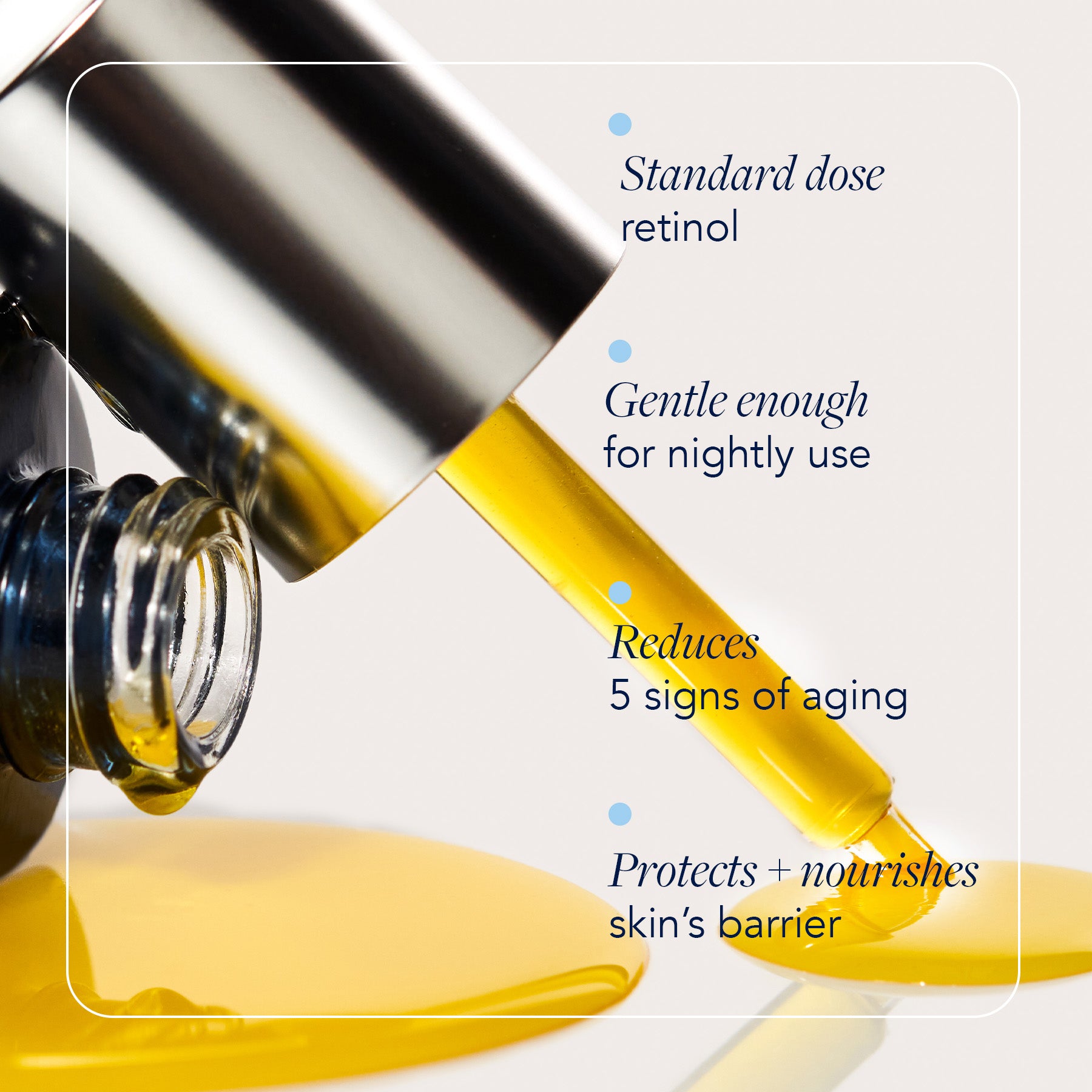 product dropper dispensing drop onto white background with product benefits callouts