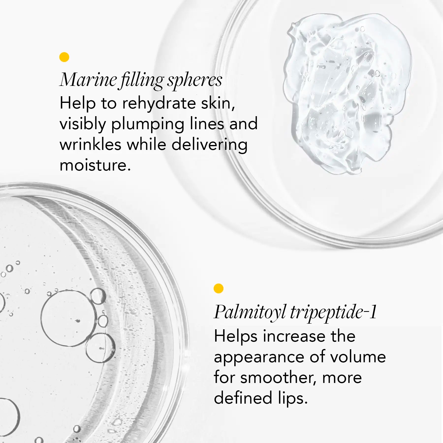 Cosmetic product with text about marine filling spheres and palmitoyl tripeptide-1 benefits on a white background.