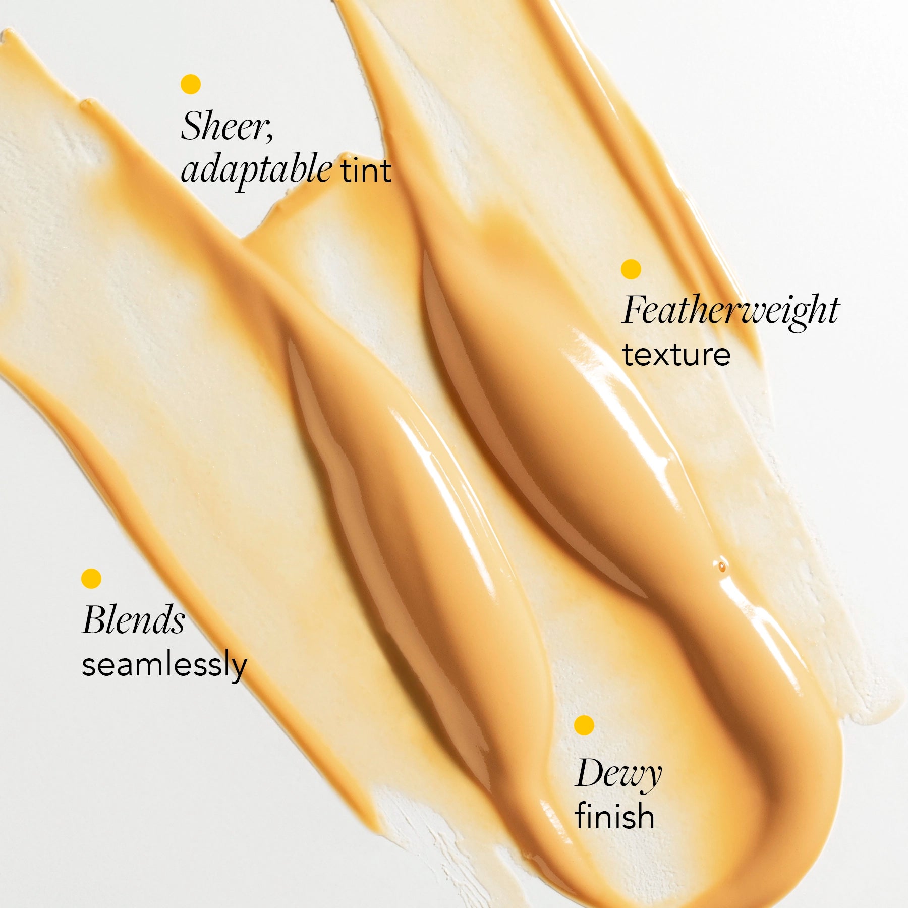 Close-up of a beige cosmetic product with text describing its features on a white background