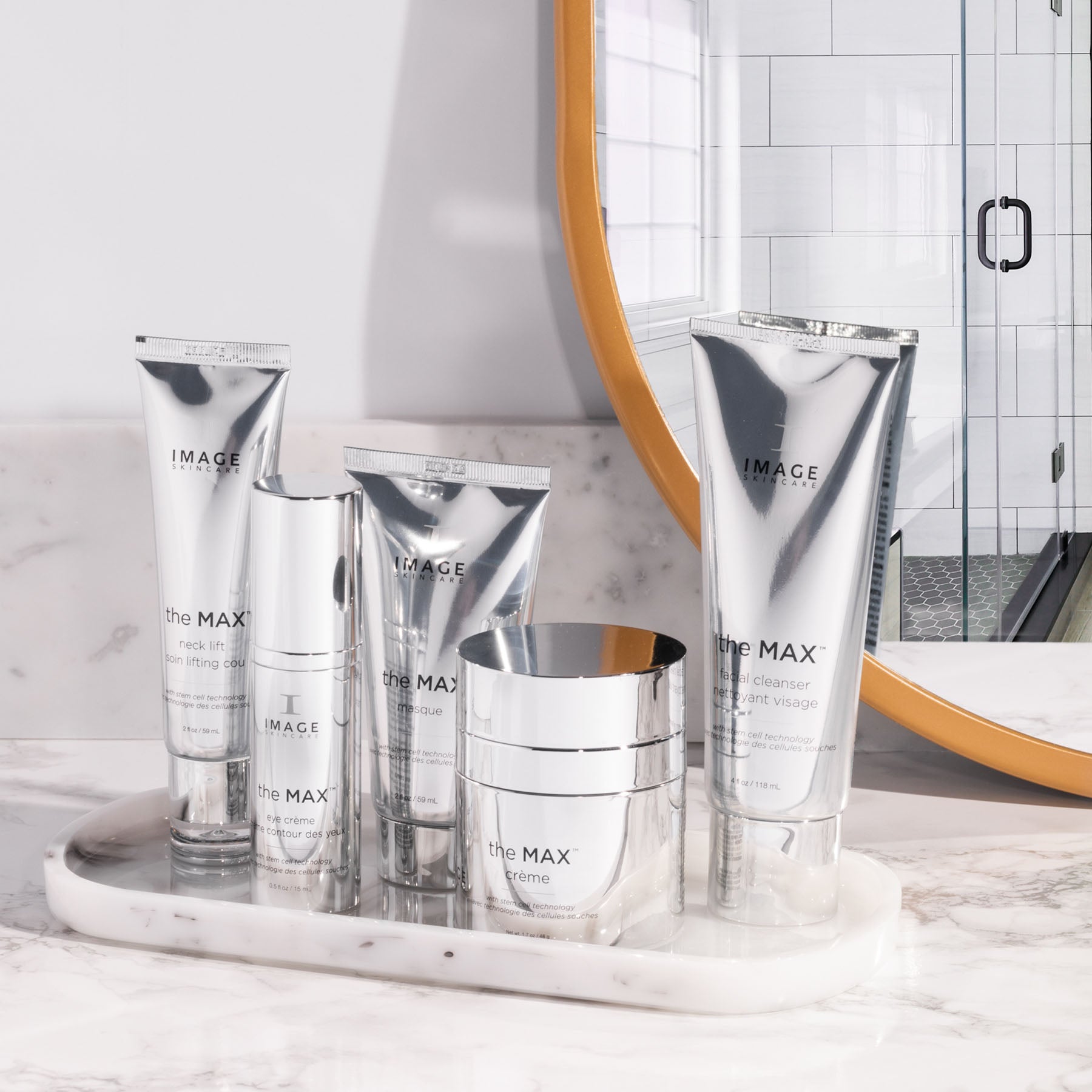The max full product collection on bathroom counter