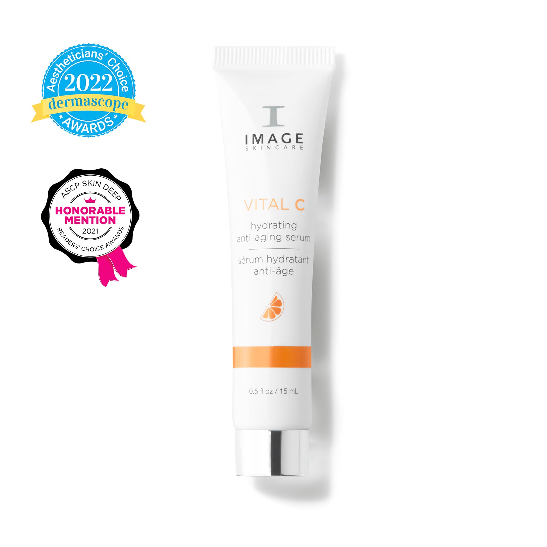 Tube of Image Skincare Vital C serum with awards on a white background