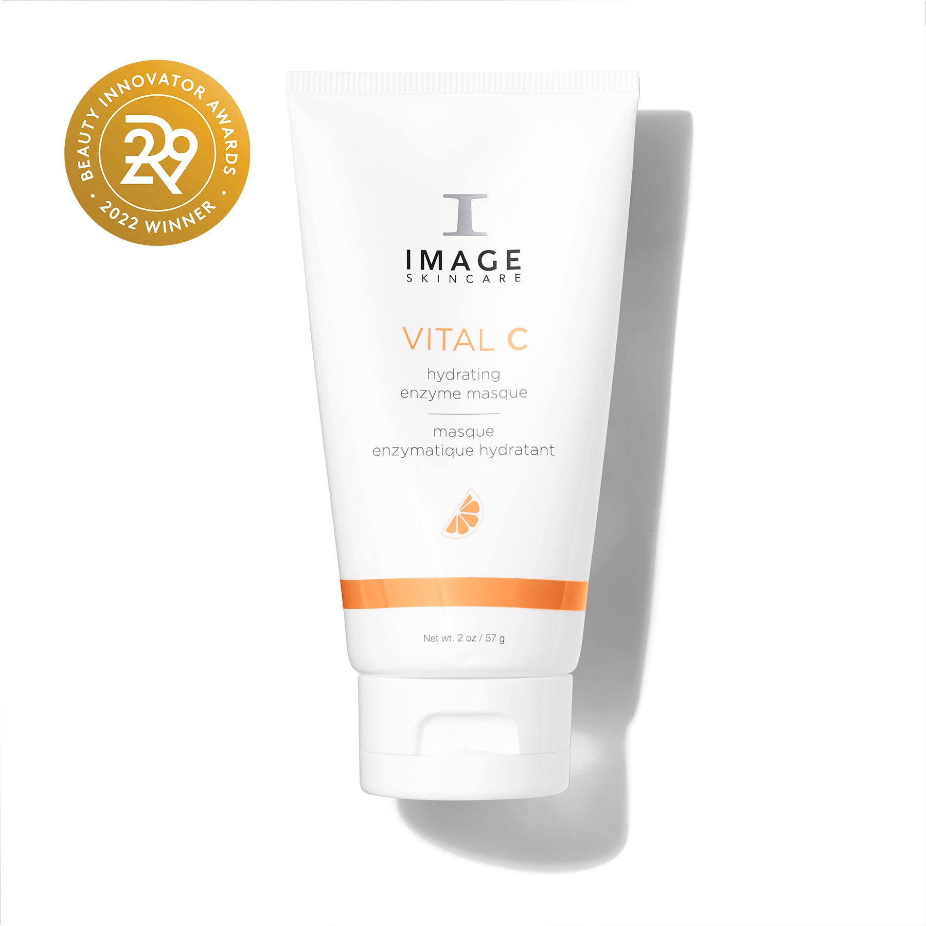 Tube of Image Skincare Vital C hydrating enzyme masque with a Beauty Innovator Award badge on a white background