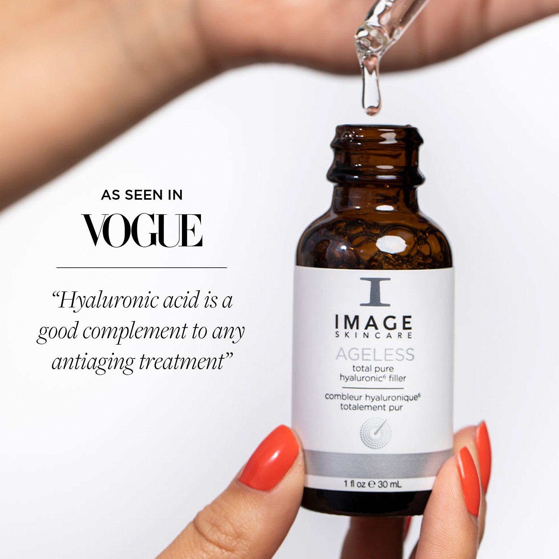model hands holding hyaluronic filler bottle with 'AS SEEN IN VOGUE' quote 
