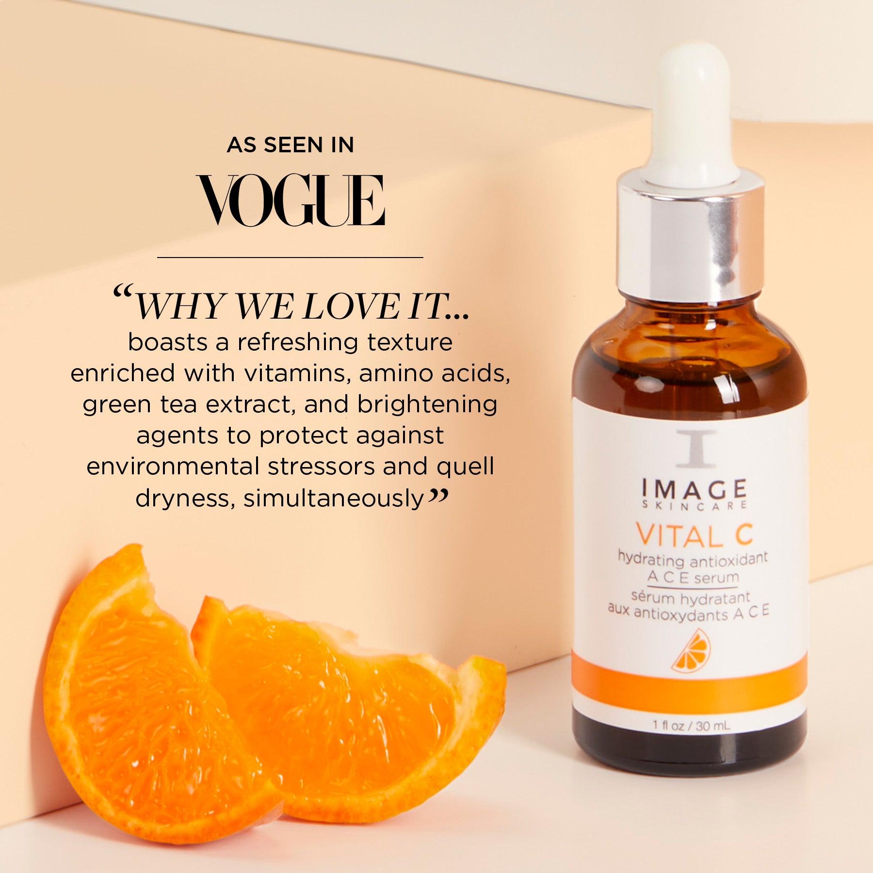 "As seen in Vogue" quote on orange background with orange slices next to bottle of ACE serum