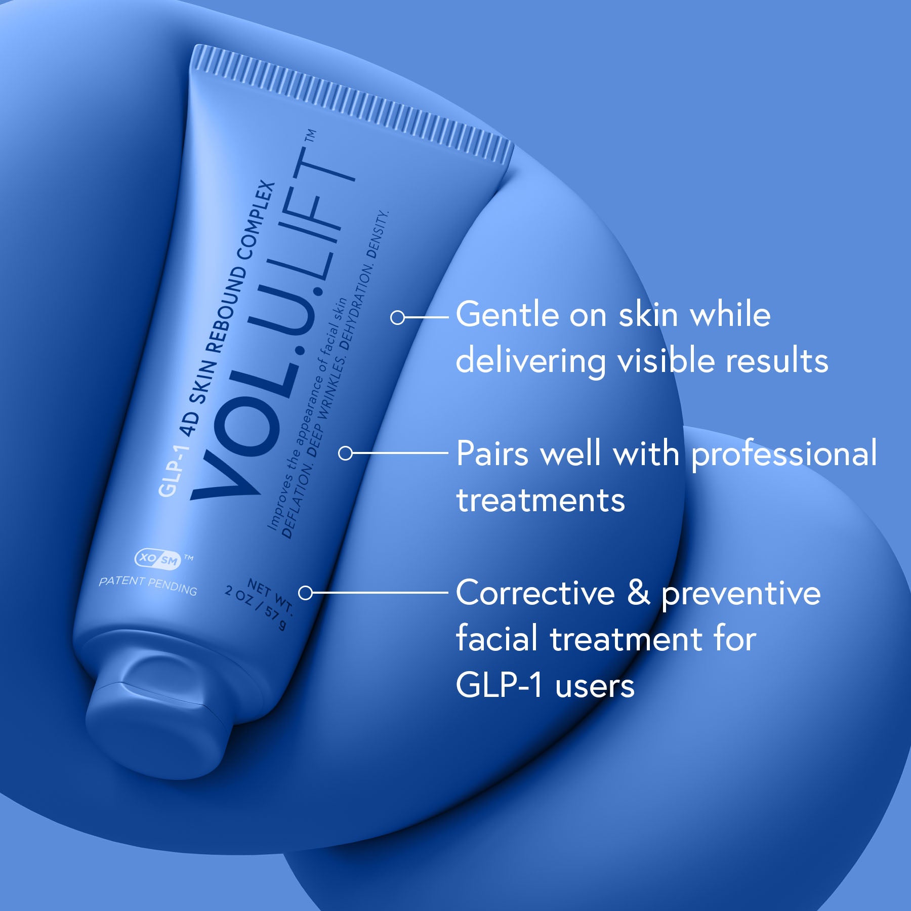 Tube of VOLULIFT with benefits callouts on blue background