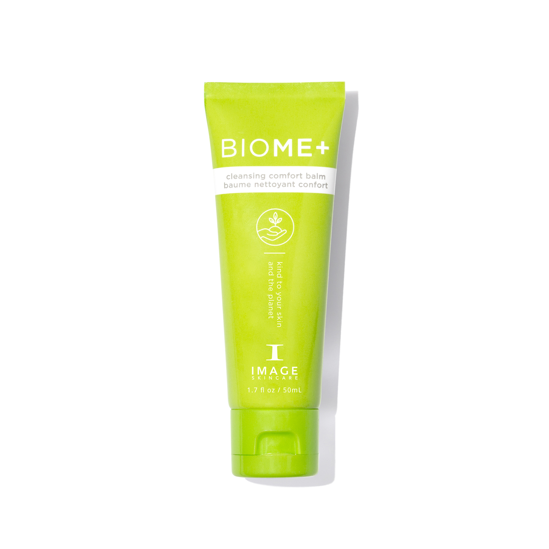 Green tube of BIOME+ cleansing comfort balm on a white background