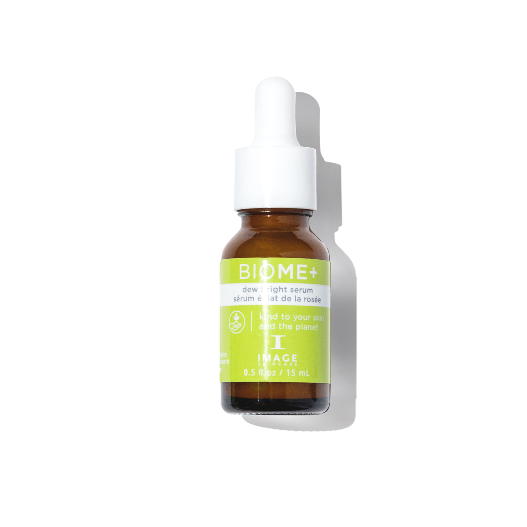 Bottle of BIOME+ serum with dropper on a white background