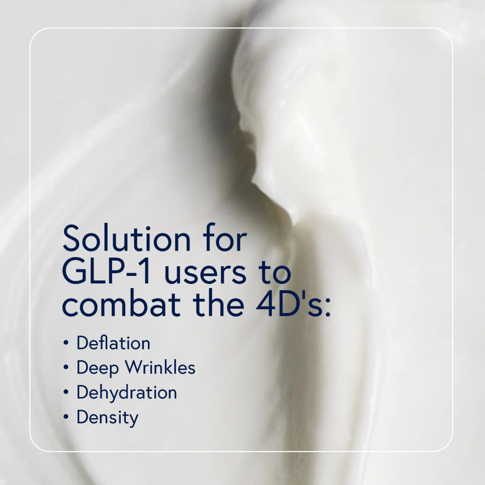 Silhouette of a person against a light background with text about GLP-1 users and skincare issues.